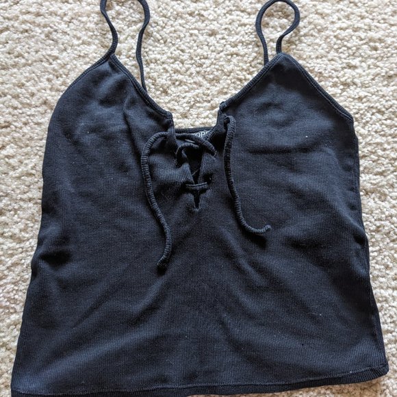 Topshop Tops - Topshop Black Basic Vneck Spagetti Strap Tie Out Cropped Tank Top Women's M/8